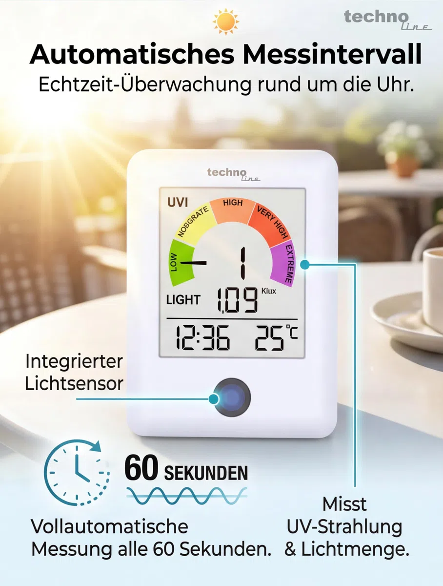 technoline WS9320 UV-Strahlungsmonitor mit UV-Index & Lichtmesser | Echtzeit UV-Messung alle 60 Sekunden | Innenraumtemperatur & Uhrzeit | UV-Warner mit Farbskala | Lichtintensitätsmesser bis 300 Klux