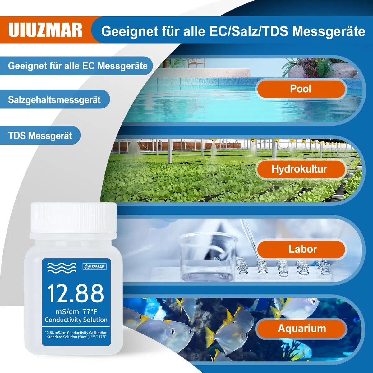UIUZMAR 12.88 mS/cm Kalibrierlösung, Leitfähigkeit Standard Pufferlösung für EC Messgerät Hydroponik und TDS Messgerät, 4 Flaschen à 50 ml