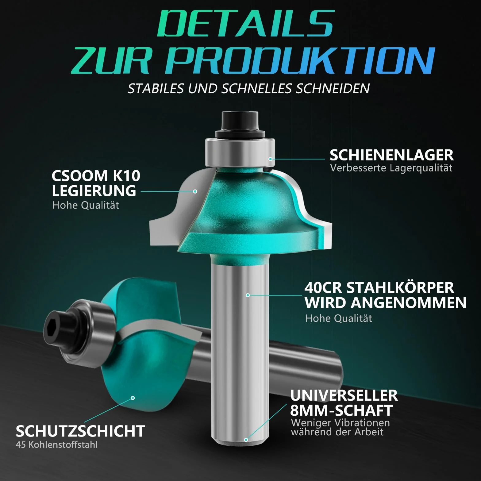 CSOOM 12-teiliges 8 mm Schaft professionelles Fräser-Set für Holzarbeiten, mit Hartmetall-Trimmern, Holzbearbeitungswerkzeug