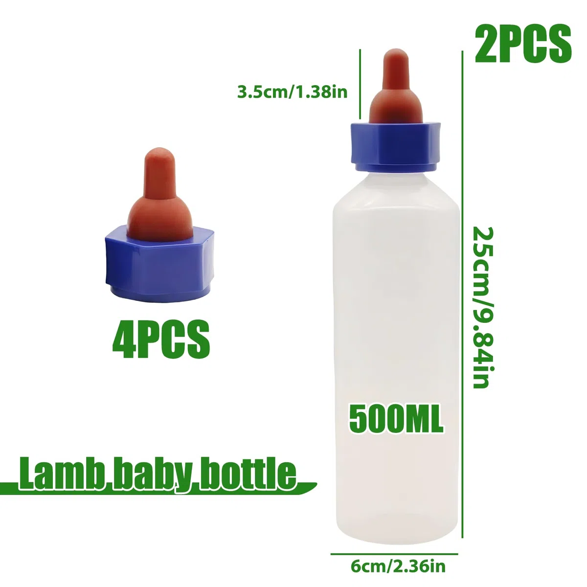 2 Stücke Lamm Milchflasche: Lämmermilch Aufzuchtflasche 500ml mit 4 Milch Trinken Nippel, Stillflasche für Schafe mit Griff, Nutztier Aufzuchtflaschen für Kälberoder Lammzucht Kuh Vieh