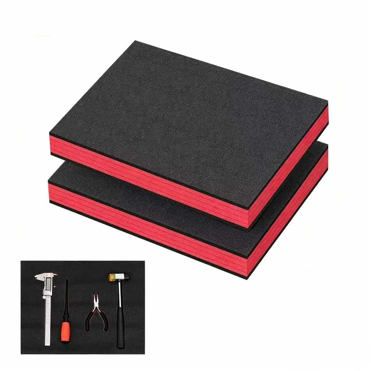 2 Stück Werkzeugkisten Schaumstoff-Set – Polyethylenschaumstoff mit Schaumstoffeinlage, Schneidbar und Abziehbar – Ideal als kofferschaumstoff (Schwarz/Rot, 40 x 33 x 5 cm)