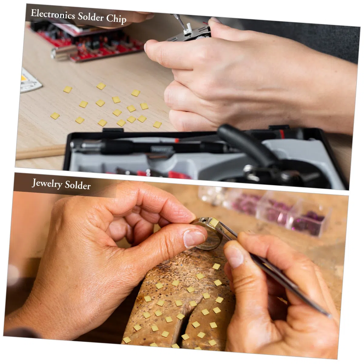 TOPBATHY Lötchips Vorgeschnitten 150 Stück 2x2mm Lötzinn aus Vergoldetem Kupfer für Schmuckreparatur und Elektroniklöten in Bastelprojekten