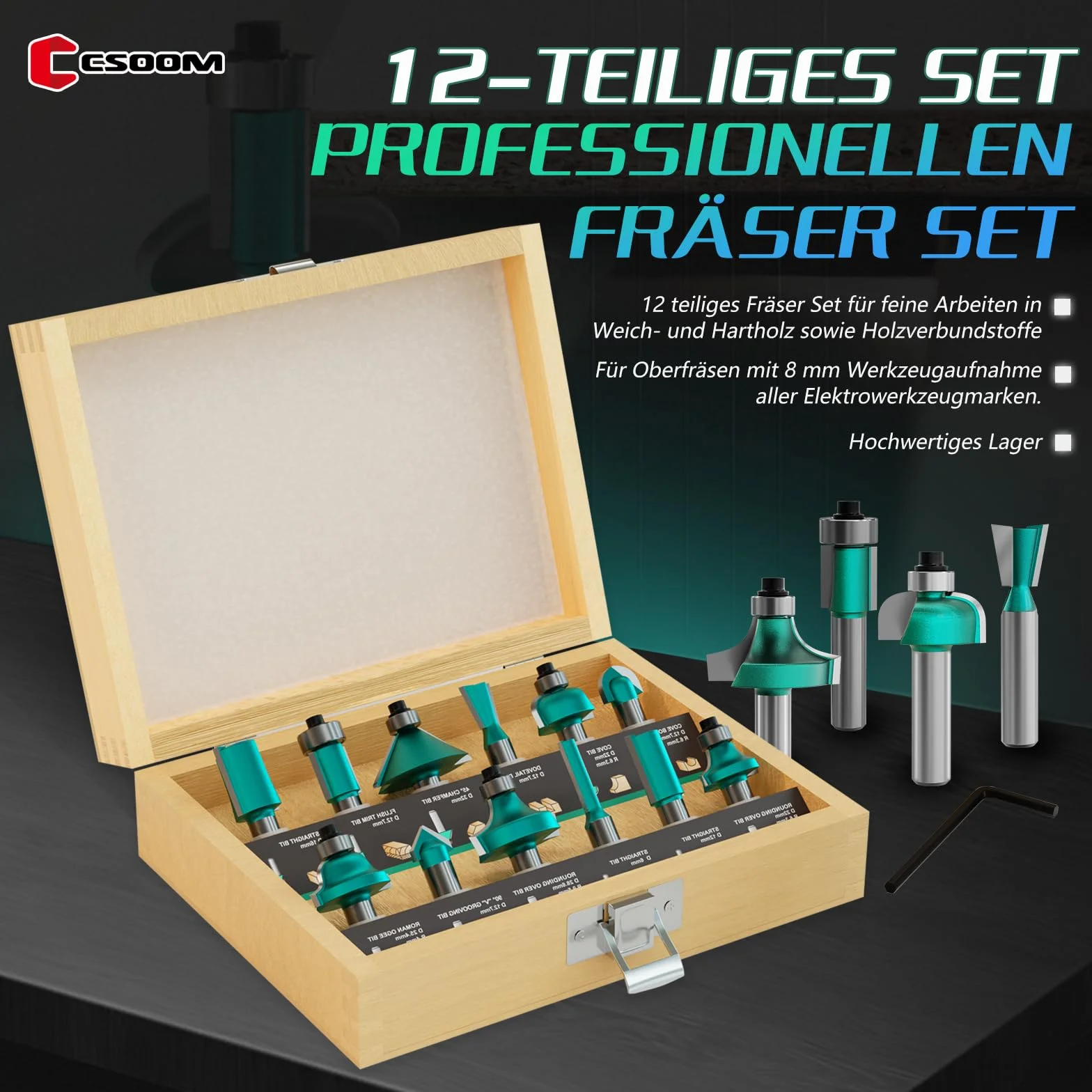 CSOOM 12-teiliges 8 mm Schaft professionelles Fräser-Set für Holzarbeiten, mit Hartmetall-Trimmern, Holzbearbeitungswerkzeug