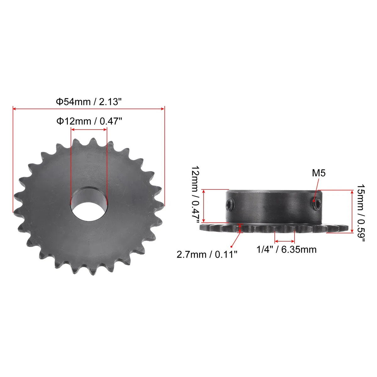 sourcing map Kettenrad mit 25 Zähnen Typ B Einsträngig 1/4" Teilung 12mm Bohrung Schwarz Oxid Kohlenstoffstahl C45 mit 2 Stellschrauben für ISO 04C