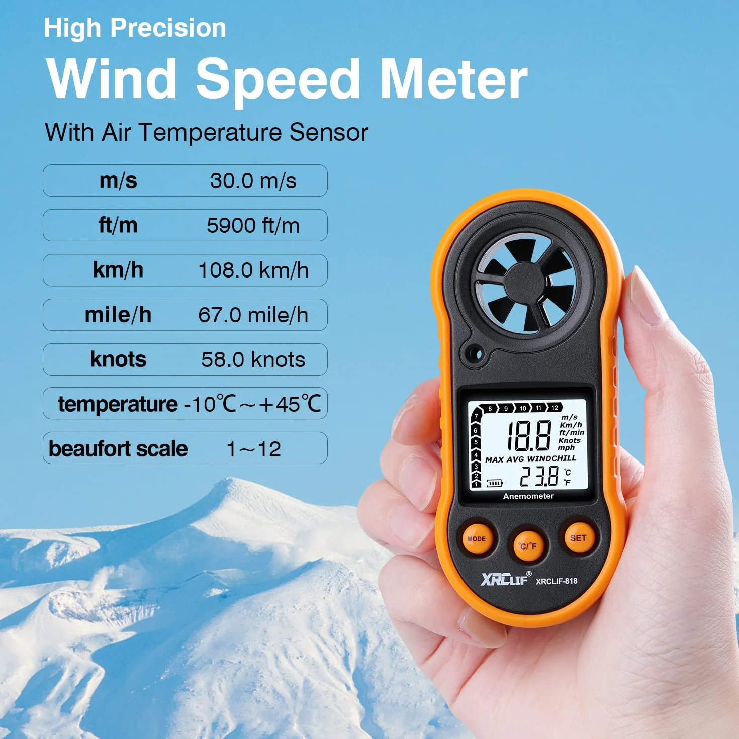 Digitales Anemometer Handheld, Windgeschwindigkeitsmesser Windmesser Luftstromgeschwindigkeitsmesser zur Messung von Windkälte Temperatur Geschwindigkeit, Windmesser Thermometer Messgerät für Schießen