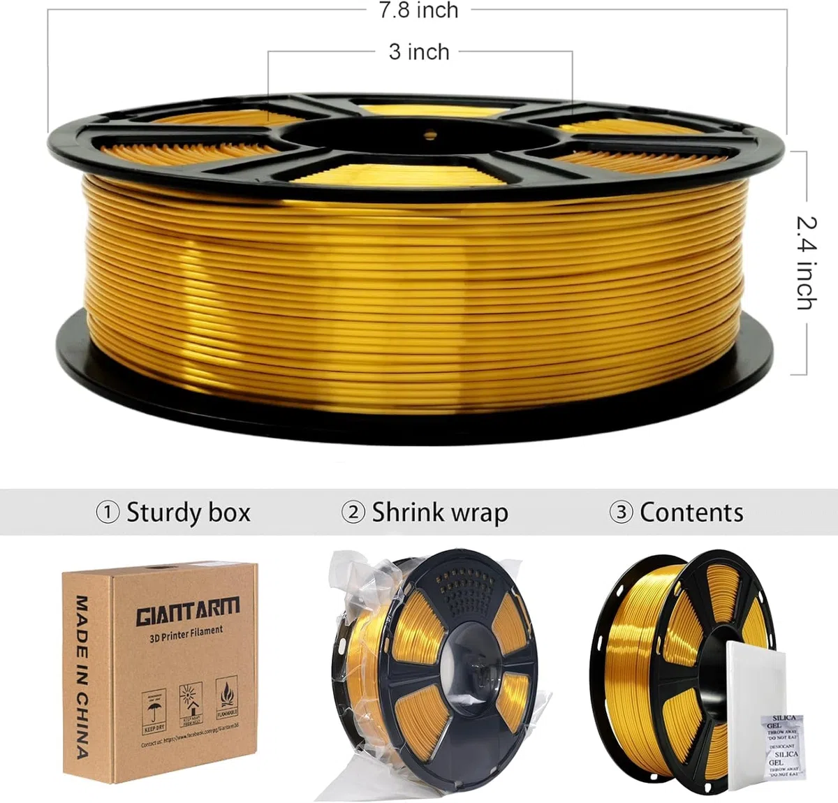 GIANTARM PLA Silk Filament 1.75 mm, 3D Drucker Filament, PLA 1 kg Spule, Durchmessertoleranz bei +/-0.03 mm, Silk Golden